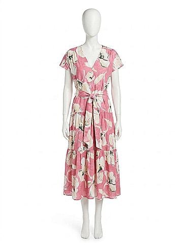 Fifteen Twenty Kristine Tiered Front Slit Midi Dress in Peony Pink With Cream/Off White Floral Print (view 1)