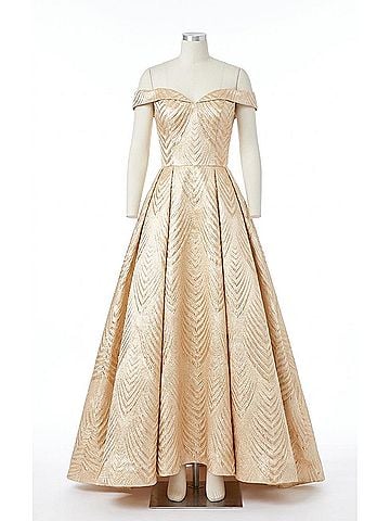 Mac Duggal Off The Shoulder Satin Ballgwon in Light Gold (view 1)