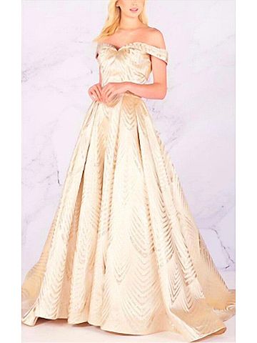 Mac Duggal Off The Shoulder Satin Ballgwon in Light Gold (view 2)