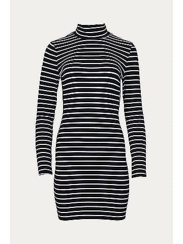 Esley Open-Back Turtleneck Mini Dress in Black Stripe (view 2)