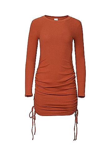 By Together Ruched Ribbed Stretch-Modal Mini Dress in Rust (view 1)