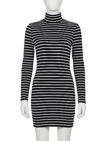 Esley Open-Back Turtleneck Mini Dress in Black Stripe (view 1)