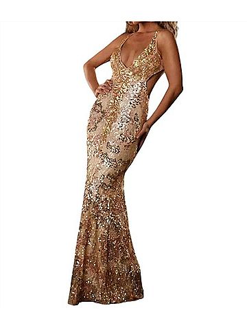 Mac Duggal Open Back Sequin Gown in Champagne (view 2)