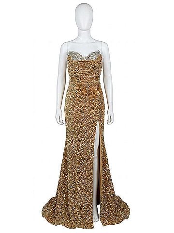 Jessica Angel Strapless Sequin Prom Dress in Yellow Gold (view 1)