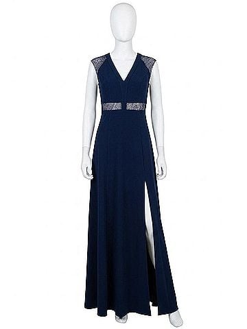Aidan Mattox Sleeveless Lace Detail Evening Dress in Navy (view 1)