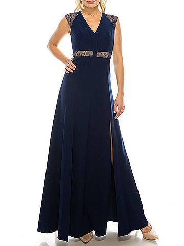 Aidan Mattox Sleeveless Lace Detail Evening Dress in Navy (view 2)