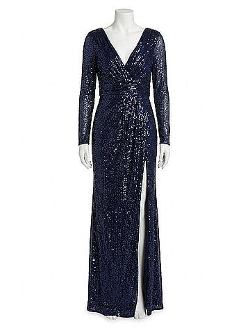 Mac Duggal Sequin Long Sleeve Gown With Plunging Neckline in Midnight Navy (view 1)