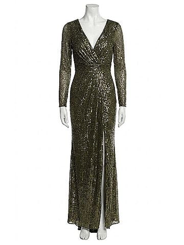 Mac Duggal Sequin Long Sleeve Gown With Plunging Neckline in Olive Green (view 1)