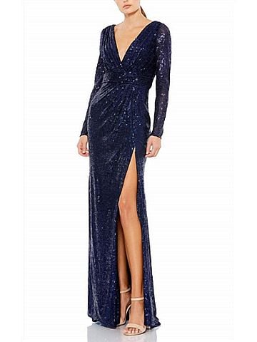 Mac Duggal Sequin Long Sleeve Gown With Plunging Neckline in Midnight Navy (view 2)