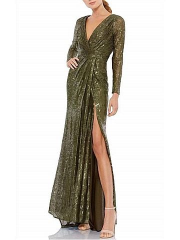 Mac Duggal Sequin Long Sleeve Gown With Plunging Neckline in Olive Green (view 2)