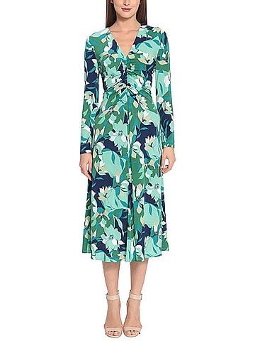 Maggy London Long Sleeve Floral Midi Dress in Navy Mint (view 2)