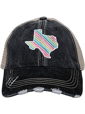 Katydid Collection Women's Texas State Embroidered Distressed Trucker Hat in Multicolor Stripe (view 1)