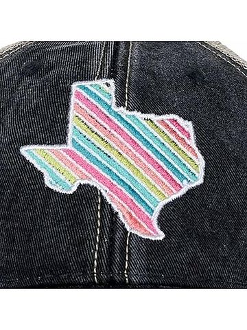 Katydid Collection Women's Texas State Embroidered Distressed Trucker Hat in Multicolor Stripe (view 2)