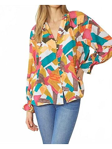 Entro Abstract Button Down Blouse in Fuchsia Mix (view 2)