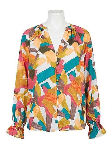 Entro Abstract Button Down Blouse in Fuchsia Mix (view 1)