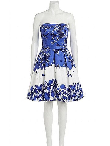 Jovani Strapless Floral A-Line Dress With Pleated Skirt in Blue White Floral (view 1)