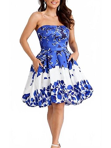 Jovani Strapless Floral A-Line Dress With Pleated Skirt in Blue White Floral (view 2)