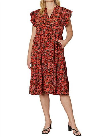 Entro Floral Tiered Ruffle Midi Dress in Black (view 2)
