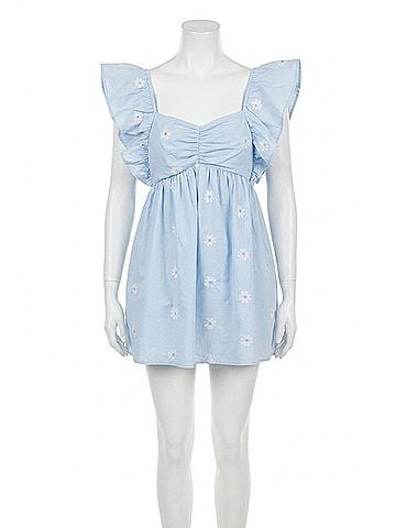 Main Strip Flower Embroidery Babydoll Romper in Light Blue (view 1)