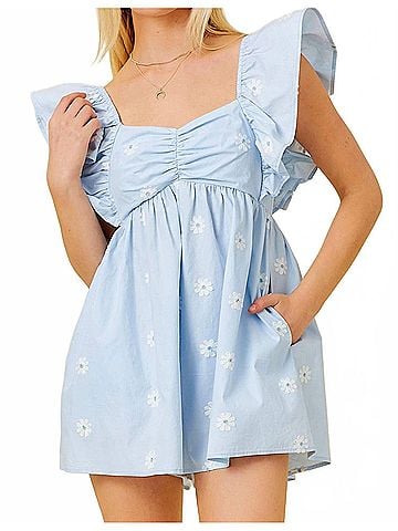 Main Strip Flower Embroidery Babydoll Romper in Light Blue (view 2)