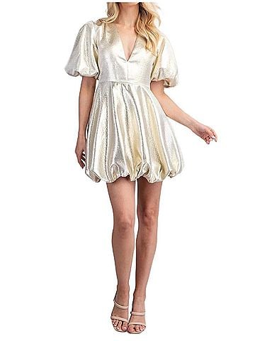 Glam Get Your Shine On Puff Sleeve Dress in Cream (view 2)