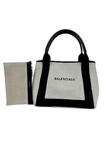 Balenciaga BALENCIAGA Navy Cabas Canvas Leather Tote Bag Handbag White Black 46034 (view 1)