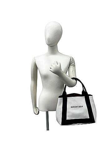 Balenciaga BALENCIAGA Navy Cabas Canvas Leather Tote Bag Handbag White Black 46034 (view 2)