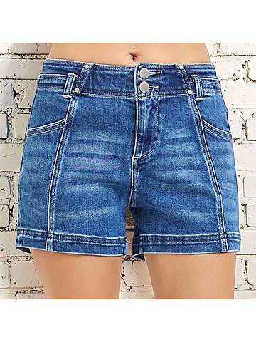 Risen Kaci Double Button Denim Shorts in Blue (view 2)