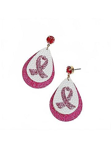 Prep Obessed Women's Breast Cancer Glitter Teardrop Earrings in Pink (view 1)