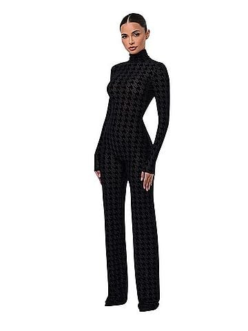Naked Wardrobe Black Houndstooth Turtleneck Wide-Leg Jumpsuit Burnout Baselayers (view 1)