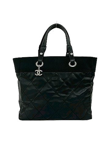 Chanel CHANEL Paris Biarritz MM Leather and Canvas Tote Bag Handbag, Black, 45589 (view 1)