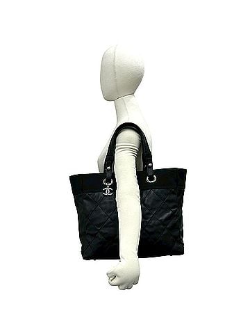 Chanel CHANEL Paris Biarritz MM Leather and Canvas Tote Bag Handbag, Black, 45589 (view 2)