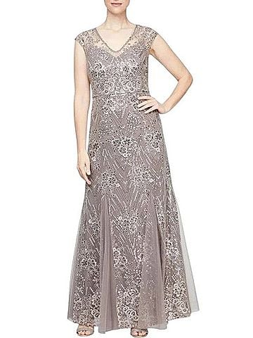 Alex Evenings Long Fit and Flare Godet Detail Mesh Sequin Gown Cocktail Dress (view 1)