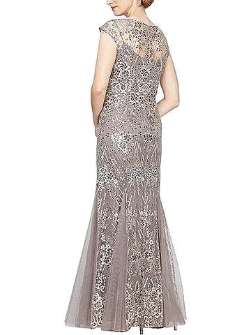 Alex Evenings Long Fit and Flare Godet Detail Mesh Sequin Gown Cocktail Dress (view 2)