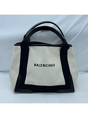 Balenciaga BALENCIAGA Navy Cabas Tote Bag Canvas Handbag 002123 White Black (view 1)