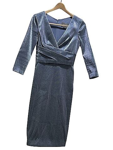 Theia Shimmering Blue Wrap Midi Dress Cocktail Dress (view 1)