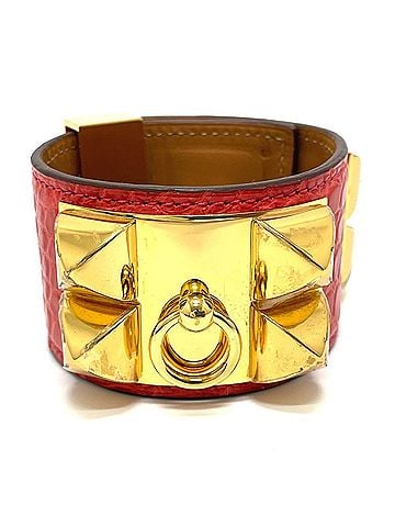 Hermès HERMES Collier de Chien Bangle Bracelet, Women's, Leather, Bougainvillea, Red with Gold Hardware (view 1)