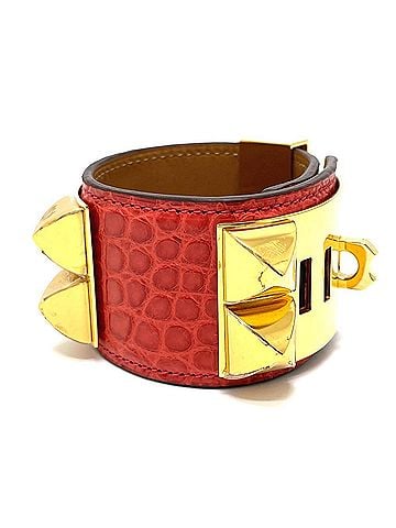 Hermès HERMES Collier de Chien Bangle Bracelet, Women's, Leather, Bougainvillea, Red with Gold Hardware (view 2)