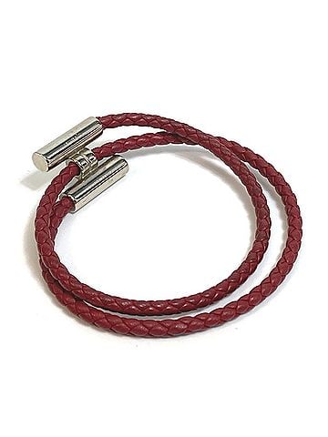 Hermès HERMES Tourni Tresse Braided Leather Bracelet with H Clasp, Unisex, Red-Brown (view 2)