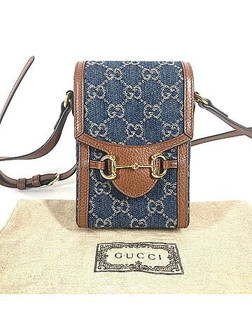 Gucci GUCCI 625615 GG Denim Horsebit 1955 Bag Pochette Shoulder Leather Women's Blue x Brown E-240605-12 (view 2)