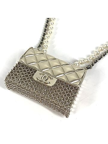 Chanel CHANEL B21S CC Coco Mark Matelasse Bag Chain with Faux Pearl Long Necklace, Gold, Like New, Women's (view 1)