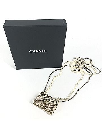 Chanel CHANEL B21S CC Coco Mark Matelasse Bag Chain with Faux Pearl Long Necklace, Gold, Like New, Women's (view 2)