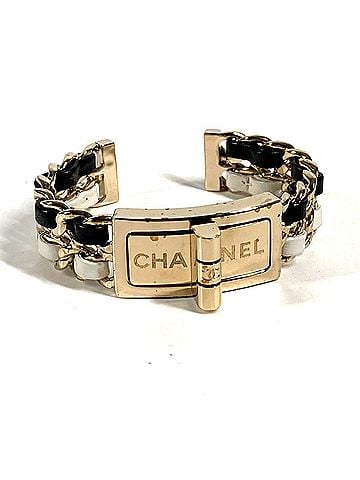 Chanel CHANEL B22A CC Logo Coco Mark Double Chain Bracelet, Accessory, Jewelry, Bangle, Metal, Leather, Women's, Black (view 1)