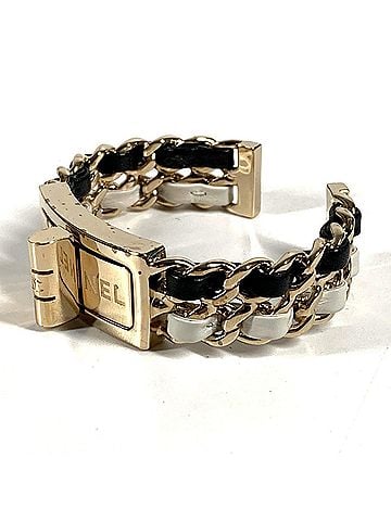 Chanel CHANEL B22A CC Logo Coco Mark Double Chain Bracelet, Accessory, Jewelry, Bangle, Metal, Leather, Women's, Black (view 2)
