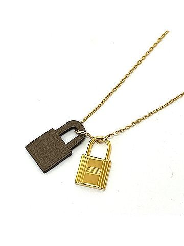 Hermès HERMES O'Kelly PM Necklace with Padlock Motif, GP Swift Leather, Etoupe Brown, Like New (view 1)