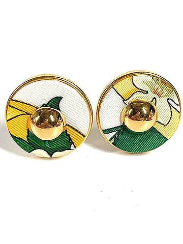 Hermès HERMES Vintage All-Over Print Round Logo Accessory Jewelry Earrings Silk Metal Men's Women's Green (view 1)