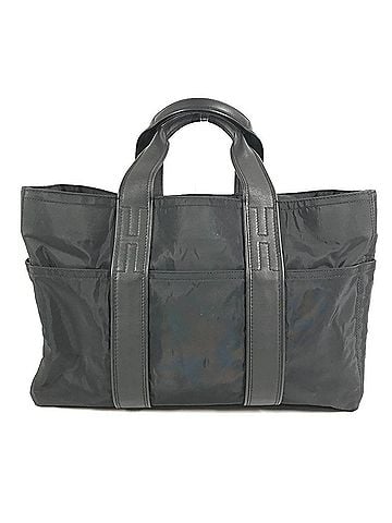 Hermès HERMES Acapulco MM bag, mini Boston tote handbag, leather, nylon, men's, women's, black. (view 2)