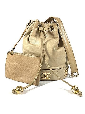Chanel CHANEL Vintage Triple Coco CC Logo Drawstring Bag, Crossbody Handbag, Shoulder Bag with Pouch, Leather, Men's &amp; Women's, Beige (view 1)