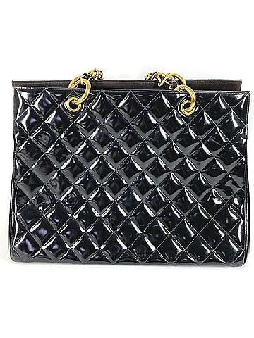 Chanel CHANEL Vintage Matelassé Quilted CC Coco Mark Logo Tote Bag, Double Chain Handbag, Patent Leather, Black. Men's and Women's. (view 2)