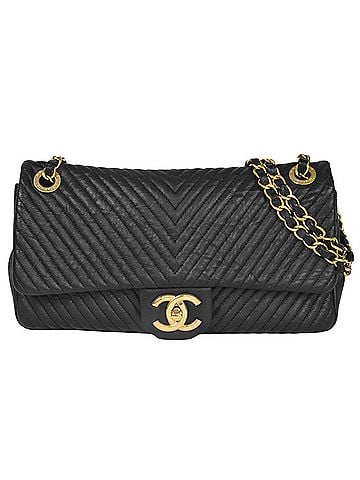 Chanel CHANEL Chevron V Stitch Coco Mark W Chain Shoulder Bag No. 18 (manufactured in 2014) Black Leather (view 1)